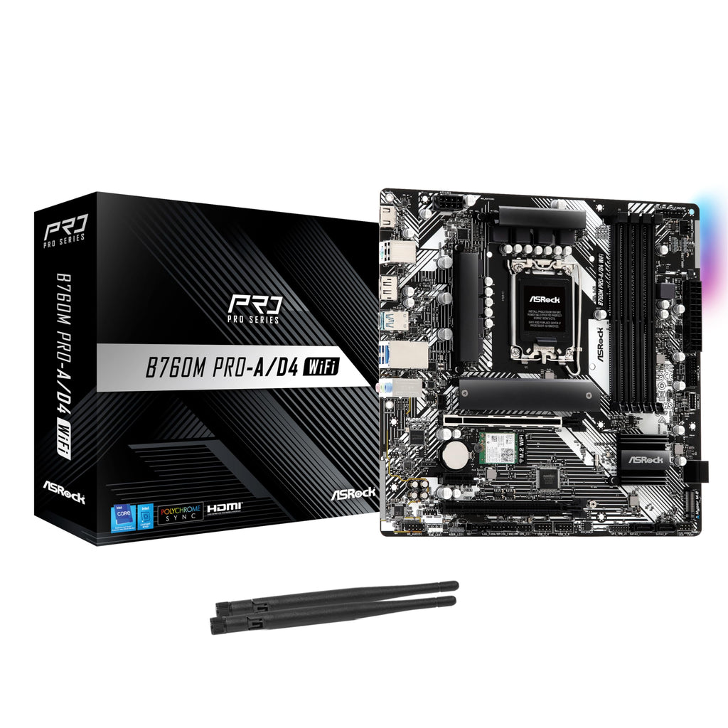 ASRock B760M Pro-A/D4 WiFi Micro ATX Motherboard, Intel LGA1700, DDR4 5333+ (OC), PCIe 4.0, 2.5G LAN, Wi-Fi 6E, 7+1+1 Dr.MOS