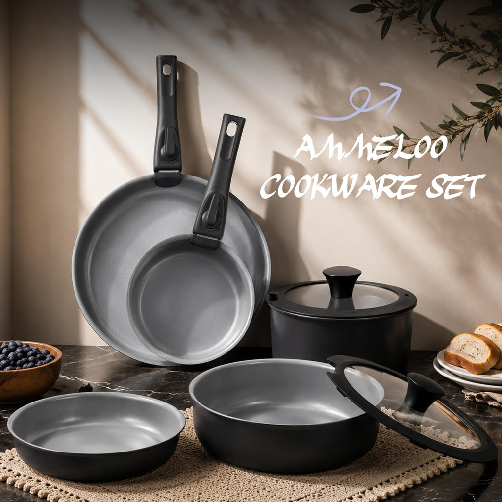 Ammeloo 18-Piece Ceramic Pots and Pans Set Non Stick, Non Toxic Cookware Set with Removable Handles, Pot Sets for Cooking, Induction Ready, Dishwasher & Oven Safe, PFAS PFOA & PTFE Free (Black)