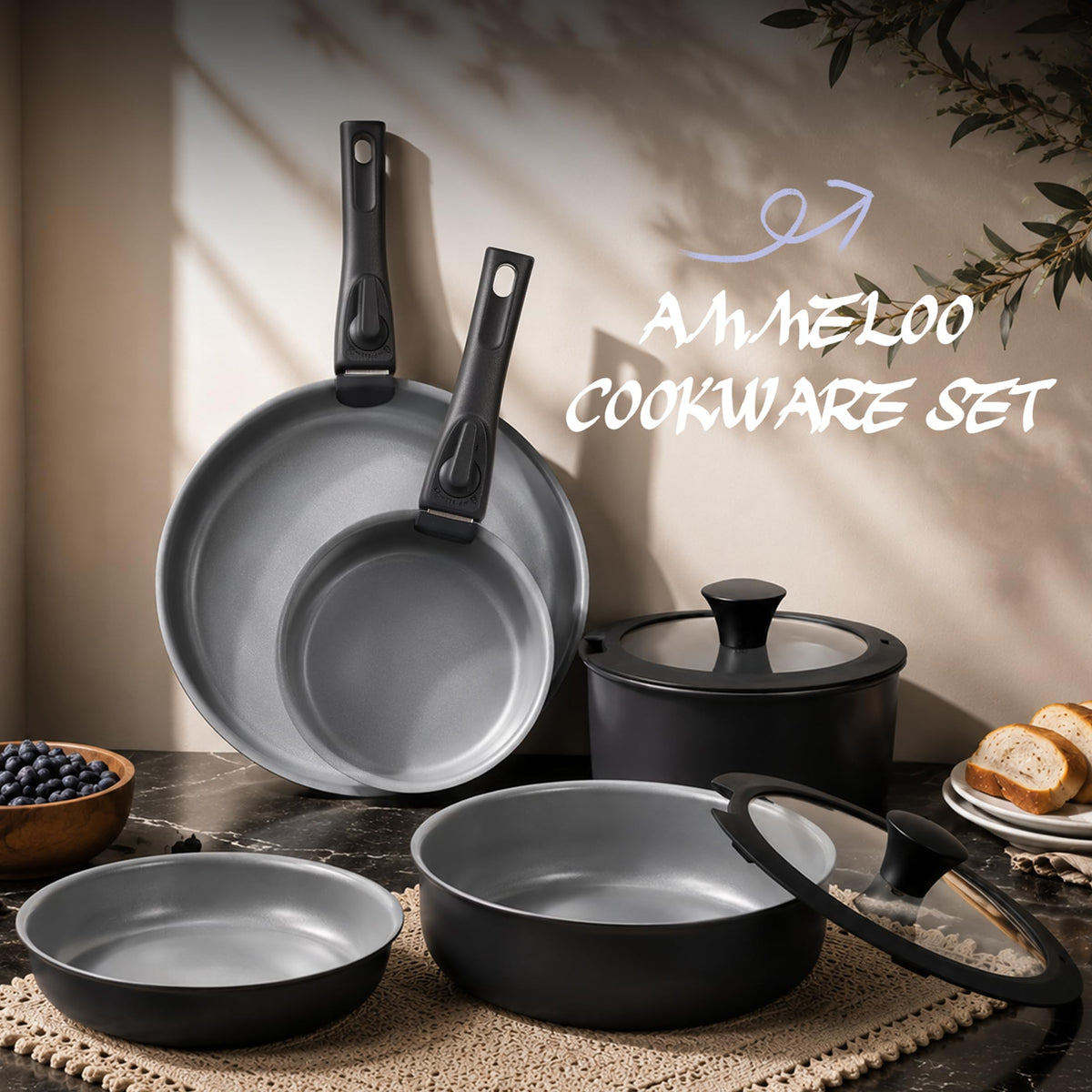 Ammeloo 18-Piece Ceramic Pots and Pans Set Non Stick, Non Toxic Cookware Set with Removable Handles, Pot Sets for Cooking, Induction Ready, Dishwasher & Oven Safe, PFAS PFOA & PTFE Free (Black)