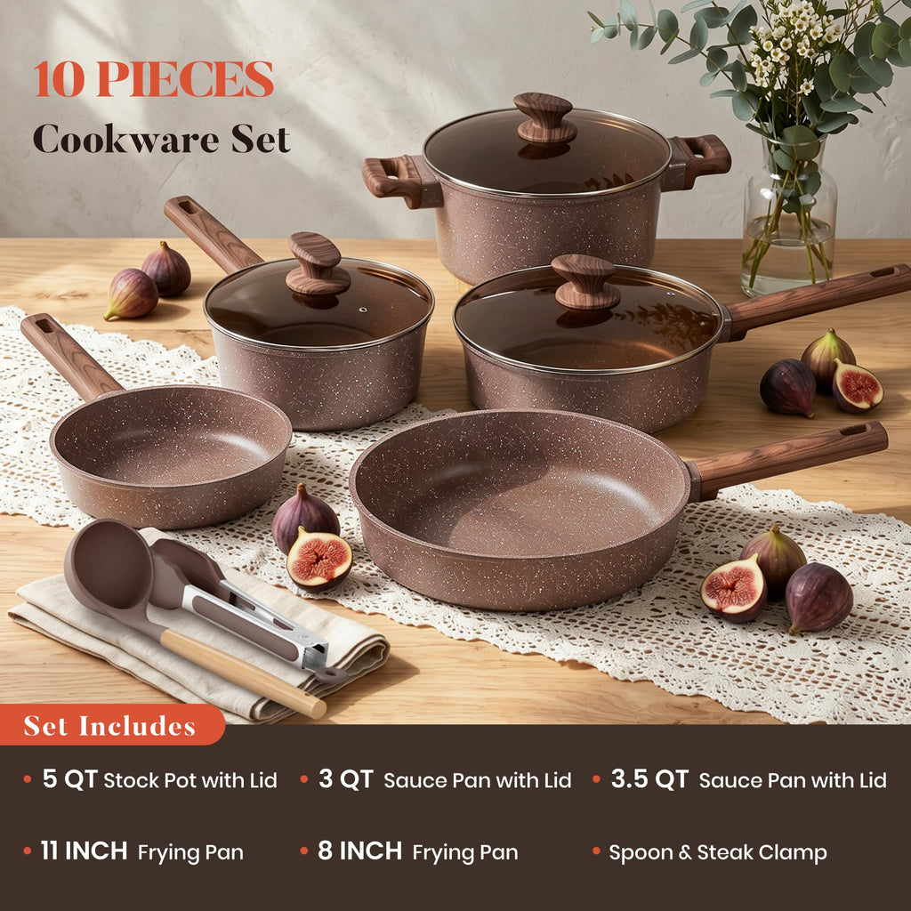 Kitchen Academy 10Pcs Induction Pots & Pans Set Non Stick, Brown