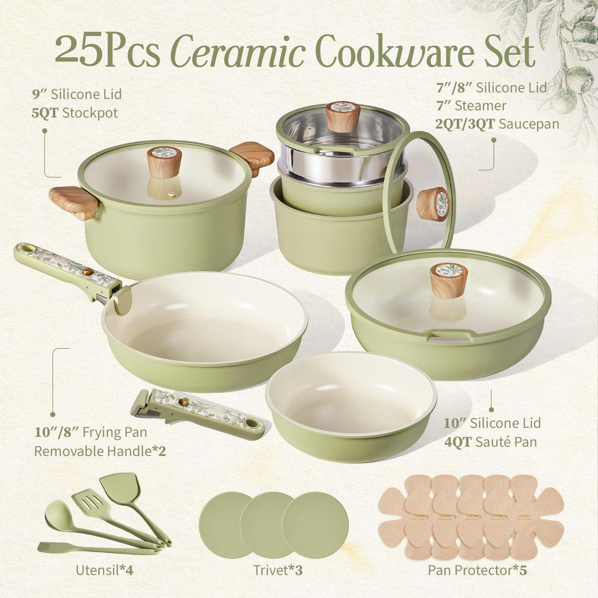 CAROTE 25pcs Ceramic Cookware Sets, Nonstick Pots and Pans Set Non Toxic