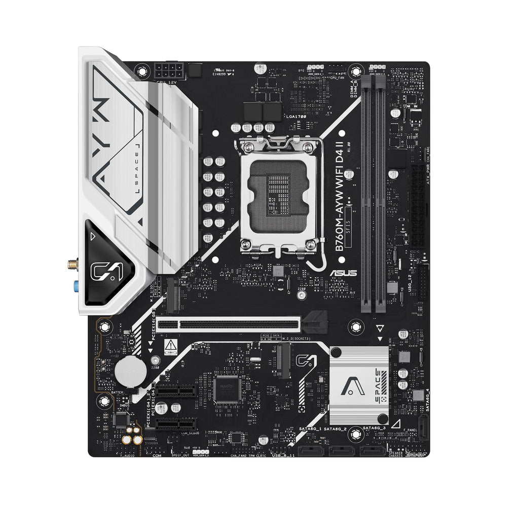ASUS B760M-AYW WiFi D4 II Intel® B760 (LGA 1700) microATX mATX Motherboard, PCIe 5.0 x16 Support, Two M.2 Slots, DDR4, Realtek 2.5Gb Ethernet, Wi-Fi 6, HDMI, SATA 6 Gbps, Front USB 5Gbps, Aura Sync