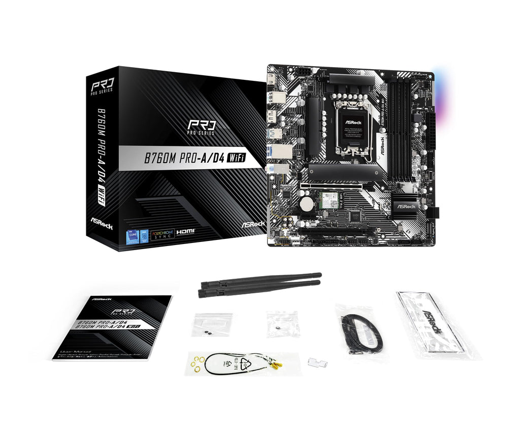ASRock B760M Pro-A/D4 WiFi Micro ATX Motherboard, Intel LGA1700, DDR4 5333+ (OC), PCIe 4.0, 2.5G LAN, Wi-Fi 6E, 7+1+1 Dr.MOS