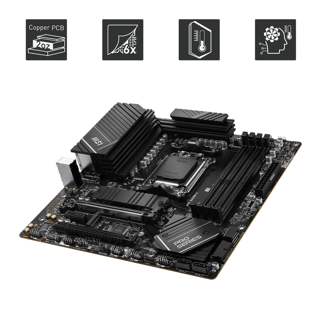 MSI PRO B650M-A WiFi V1 Motherboard, Micro-ATX - Supports AMD Ryzen 9000/8000 / 7000 Series Processors, AM5 - DDR5 Memory Boost 6000+MHz/OC, 2 x PCIe 4.0 x16, 2 x M.2 Gen4, 2.5G LAN