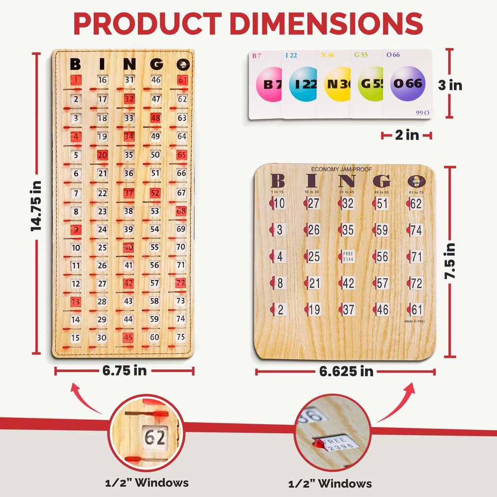 MR CHIPS Jam-Proof Bingo Cards with Sliding Windows, 25 Reusable Shutter Cards, 75 Calling Cards 1 Master Board in Tan Woodgrain Style