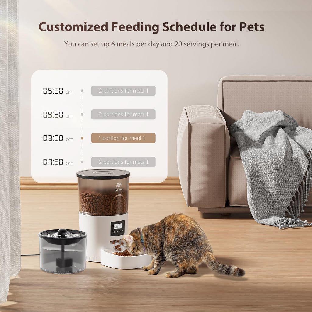 IMIPAW Automatic Cat Feeder and Water Fountain, Timed Dry Food Dispenser, Programmable Portion Control, 1-6 Meals Per Day, Desiccant Bag, Cat Fountains for Drinking with Filter, Small Pets (3L Combo)