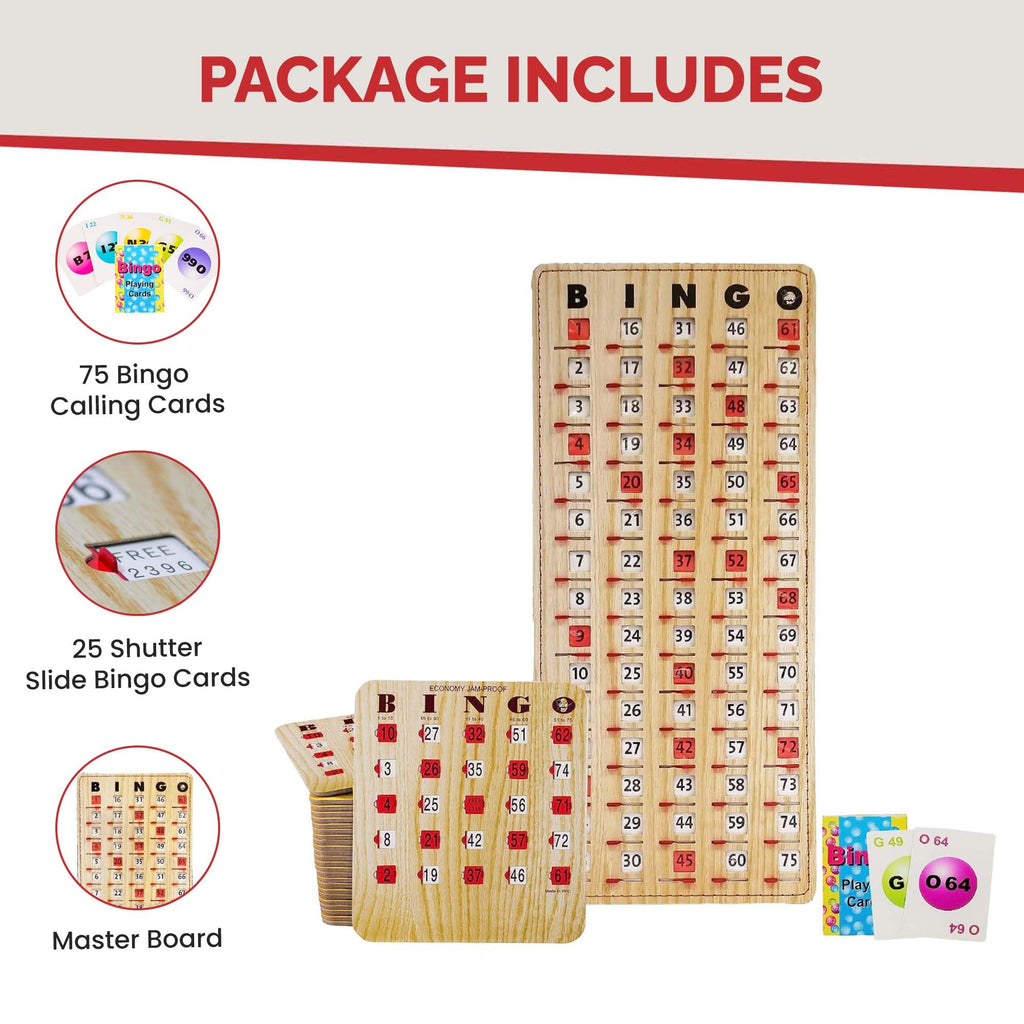 MR CHIPS Jam-Proof Bingo Cards with Sliding Windows, 25 Reusable Shutter Cards, 75 Calling Cards 1 Master Board in Tan Woodgrain Style