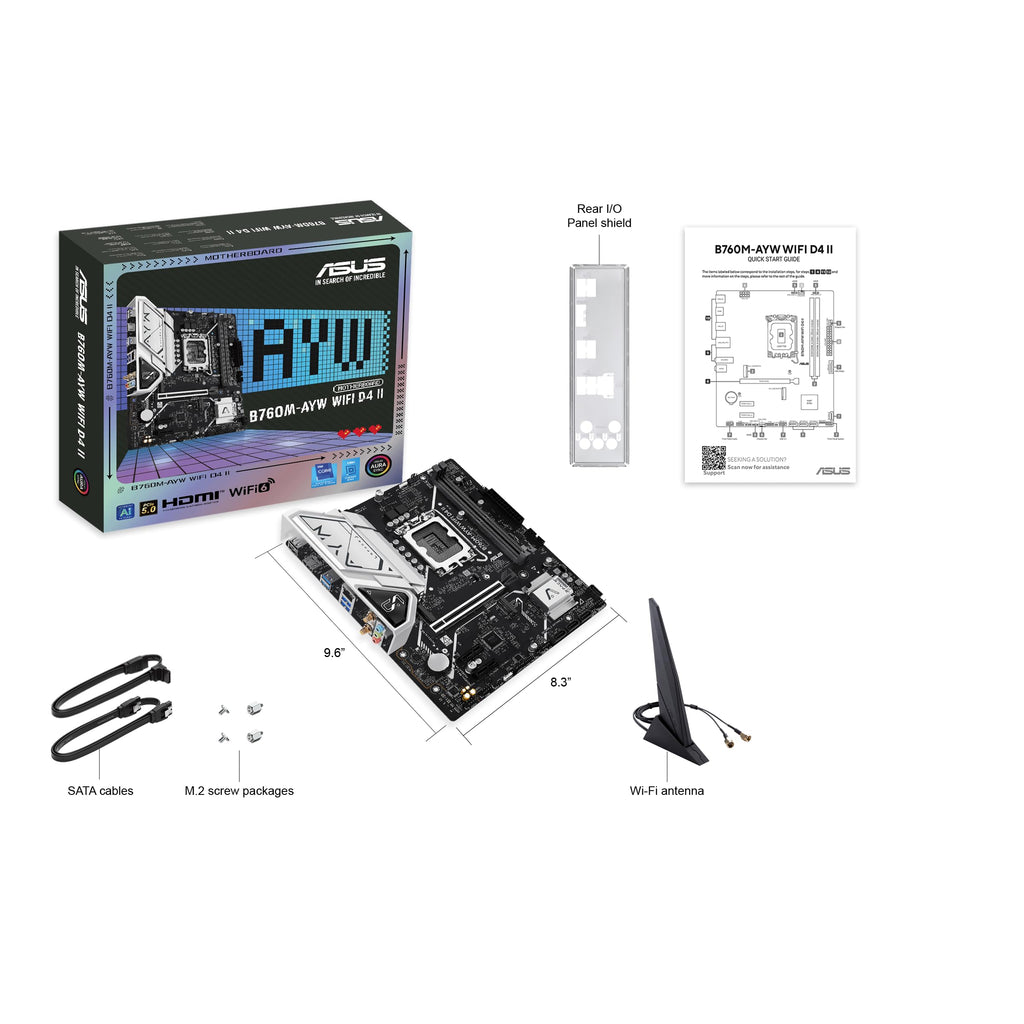 ASUS B760M-AYW WiFi D4 II Intel® B760 (LGA 1700) microATX mATX Motherboard, PCIe 5.0 x16 Support, Two M.2 Slots, DDR4, Realtek 2.5Gb Ethernet, Wi-Fi 6, HDMI, SATA 6 Gbps, Front USB 5Gbps, Aura Sync