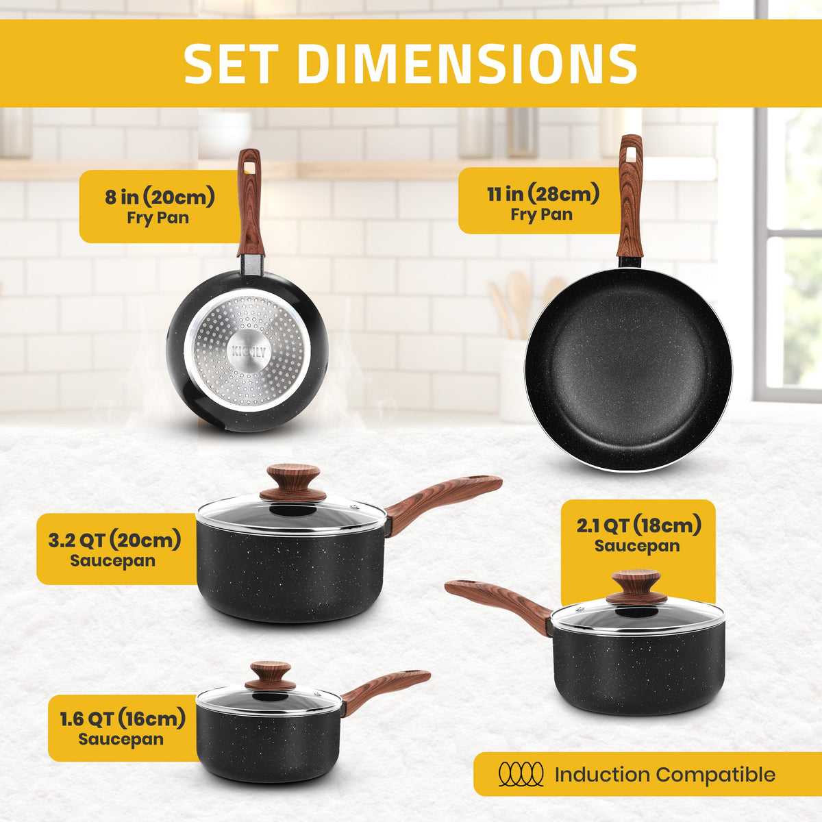 KICHLY Granite Pots and Pans Cookware Set 8 Piece PFOA-Free