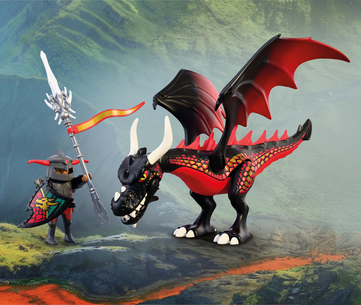Playmobil | Knights | Black Dragon | Large Fire‑Breathing Dragon with Firing Function and Knight | Dragon Toy for Children Aged 4+ | 72114
