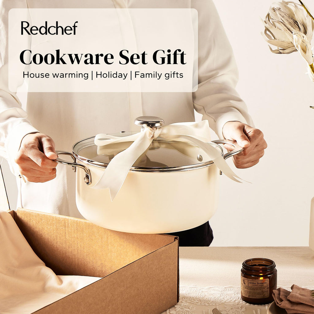 Redchef Ceramic Nonstick Cookware Set,14pcs Pots and Pans Set Non Stick,Induction Cookware with Stainless Steel Handle,Non Toxic Kitchen Cooking Set,Dishwasher & Oven Safe,PFAS PFOA & PTFE Free