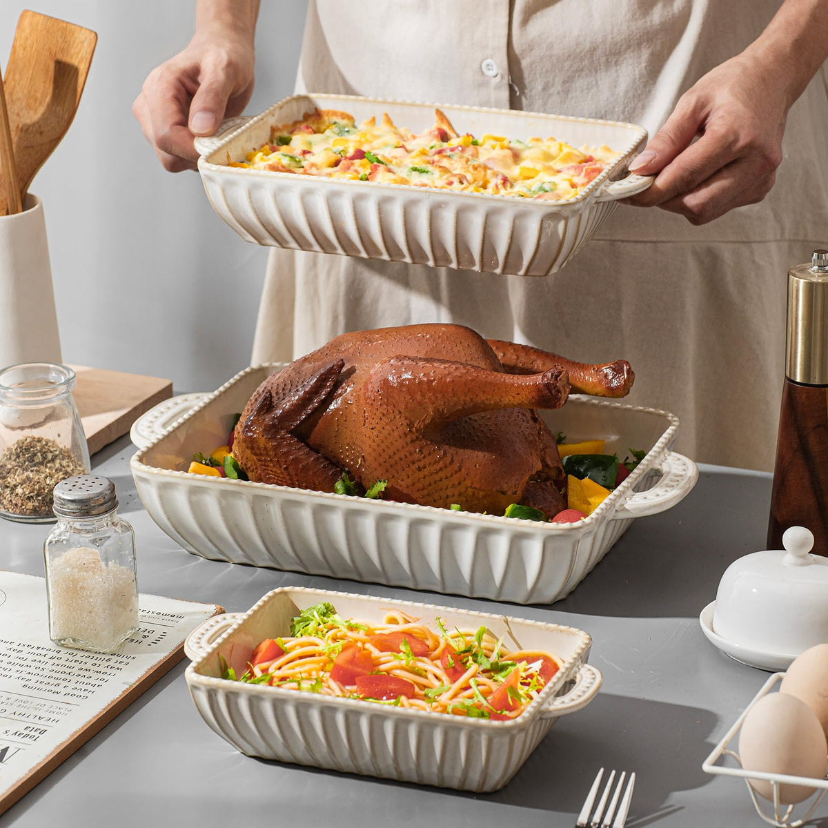 Feenmai Casserole Dish for Oven, Ceramic Baking Dishes Set, Vintage Hobnail Bakeware Sets of 3, Rectangular Baking Pan, Deep Lasagna Pan with Handle for Cake, Wedding Kitchen Gift, 13.77“/11.6"/8.85"