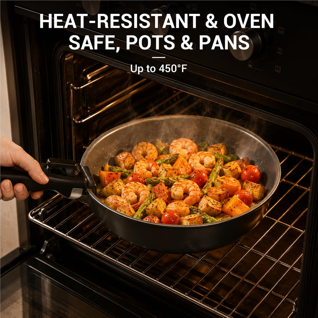 Ammeloo 18-Piece Ceramic Pots and Pans Set Non Stick, Non Toxic Cookware Set with Removable Handles, Pot Sets for Cooking, Induction Ready, Dishwasher & Oven Safe, PFAS PFOA & PTFE Free (Black)