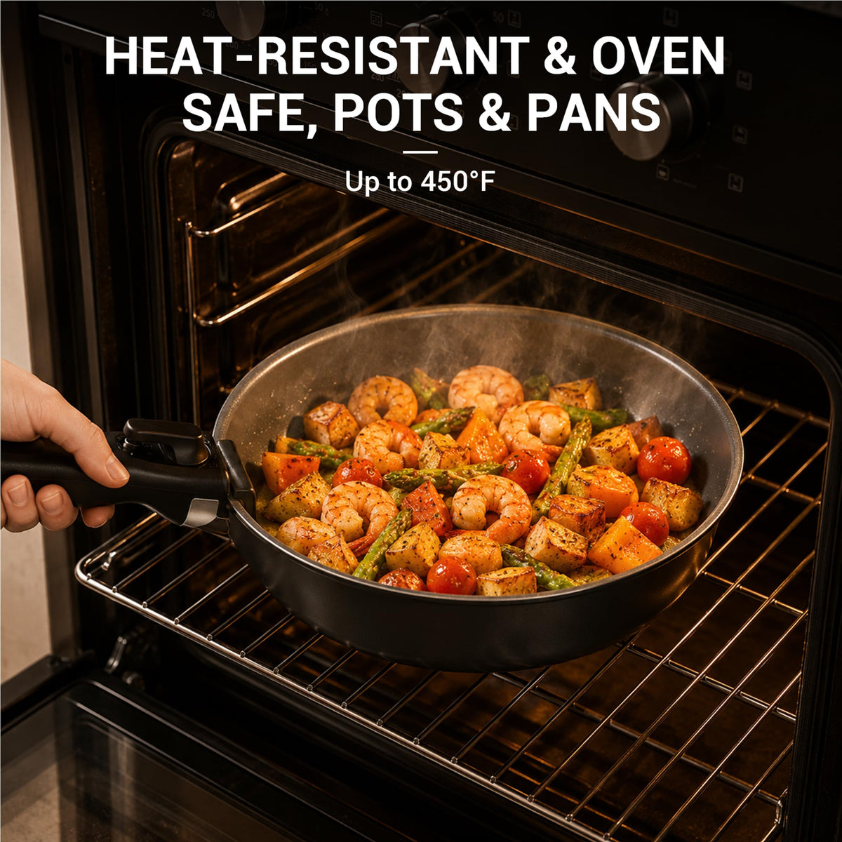 Ammeloo 18-Piece Ceramic Pots and Pans Set Non Stick, Non Toxic Cookware Set with Removable Handles, Pot Sets for Cooking, Induction Ready, Dishwasher & Oven Safe, PFAS PFOA & PTFE Free (Black)