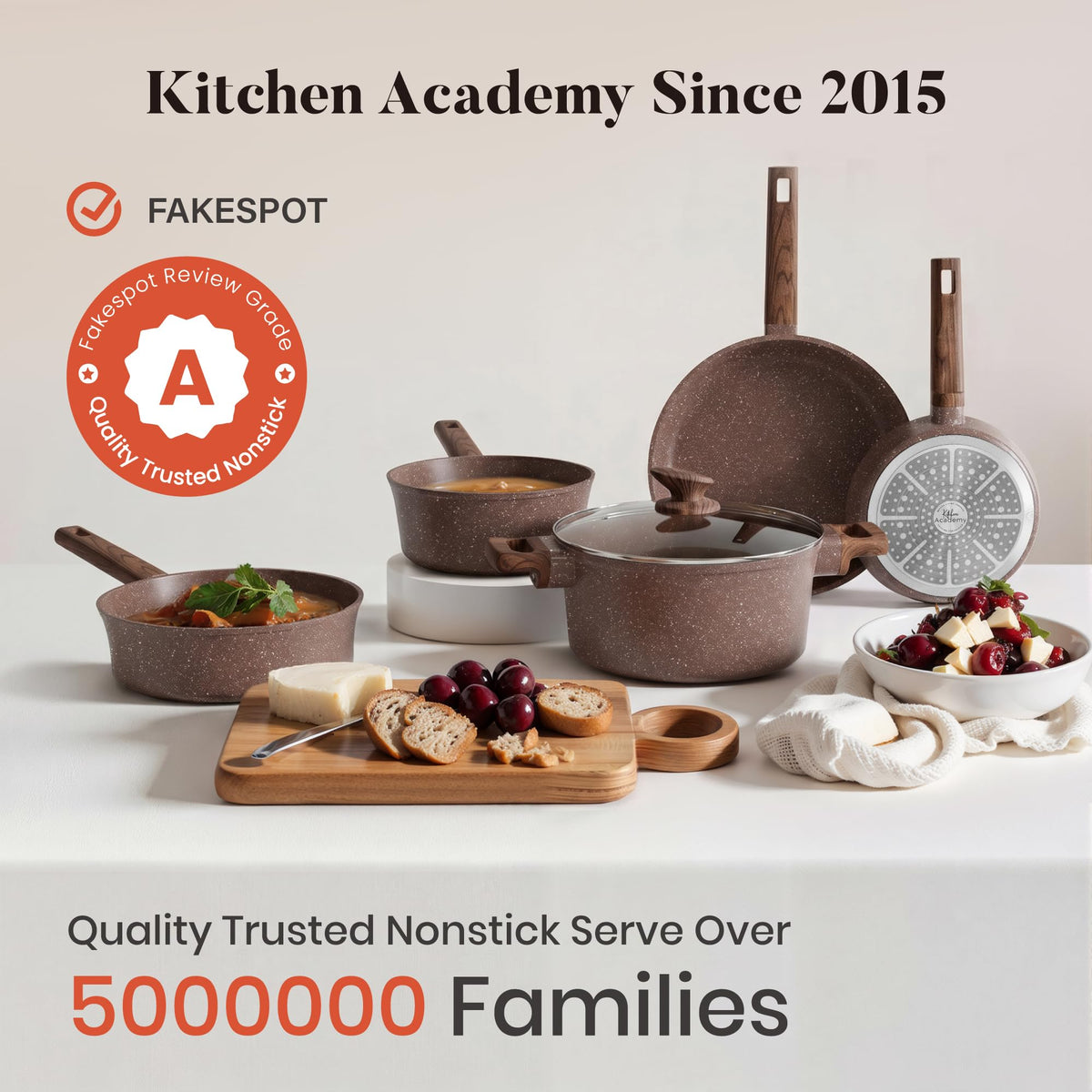 Kitchen Academy 10Pcs Induction Pots & Pans Set Non Stick, Brown