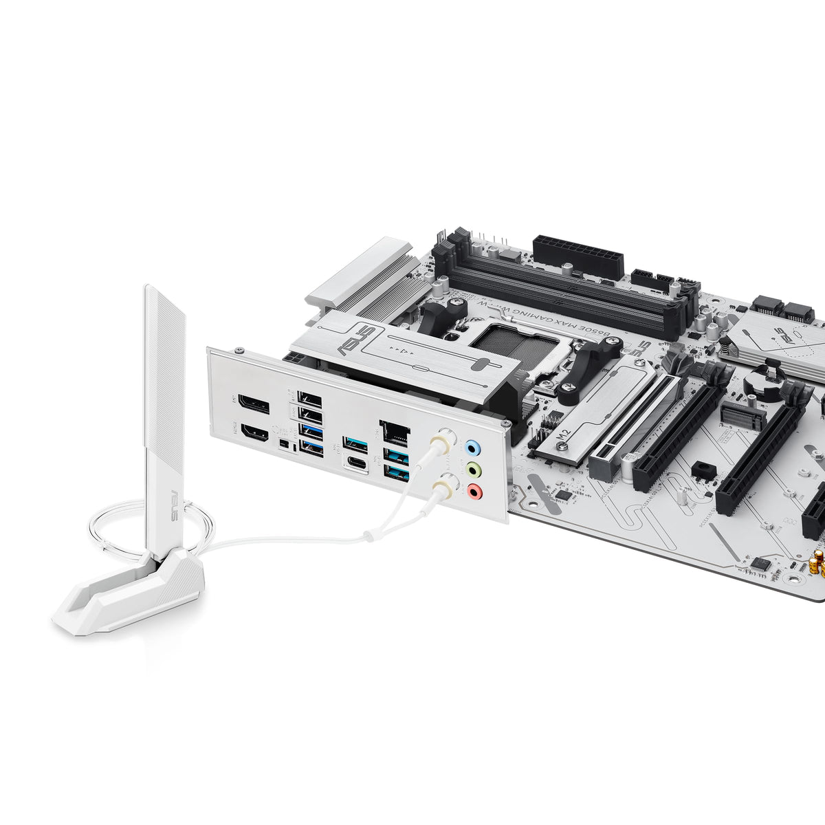 ASUS B650E MAX Gaming WiFi W – AMD B650 AM5 ATX Motherboard, White PCB, DDR5, PCIe 5.0, 3X M.2, Wi-Fi 6E, 2.5Gb LAN, USB 10Gbps Type-C, DisplayPort, HDMI™, BIOS Flashback™, Aura Sync, Advanced AI PC