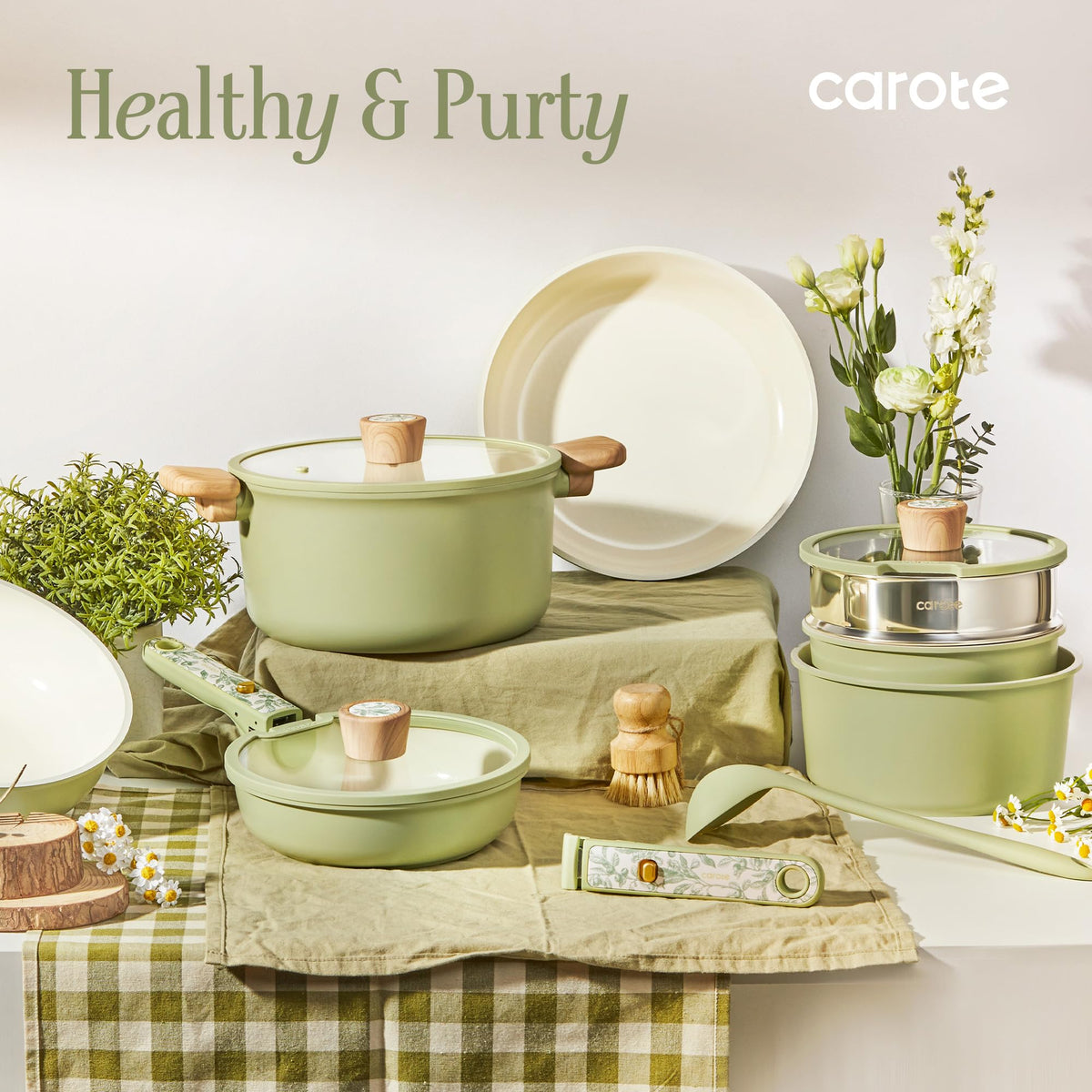 CAROTE 25pcs Ceramic Cookware Sets, Nonstick Pots and Pans Set Non Toxic