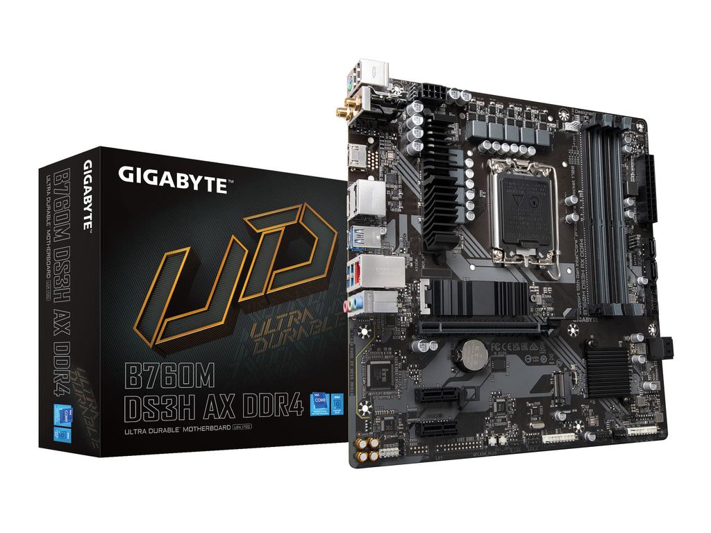 GIGABYTE B760M DS3H AX DDR4 Intel LGA 1700 mATX Motherboard, Support Intel Core 14th/13th/12th Gen, DDR4, 6+2+1 Power Phase, 2X M.2, PCIe 4.0, USB-C, WIFI6E, 2.5GbE LAN, Q-Flash Plus, PCIe EZ-Latch