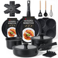 Ammeloo 21-Piece Ceramic Pots and Pans Set Non Stick with Detachable Handles and Egg Frying Pan, Non-Toxic Cookware, Induction Ready, Oven Safe, Stackable for Storage, Black Speckled