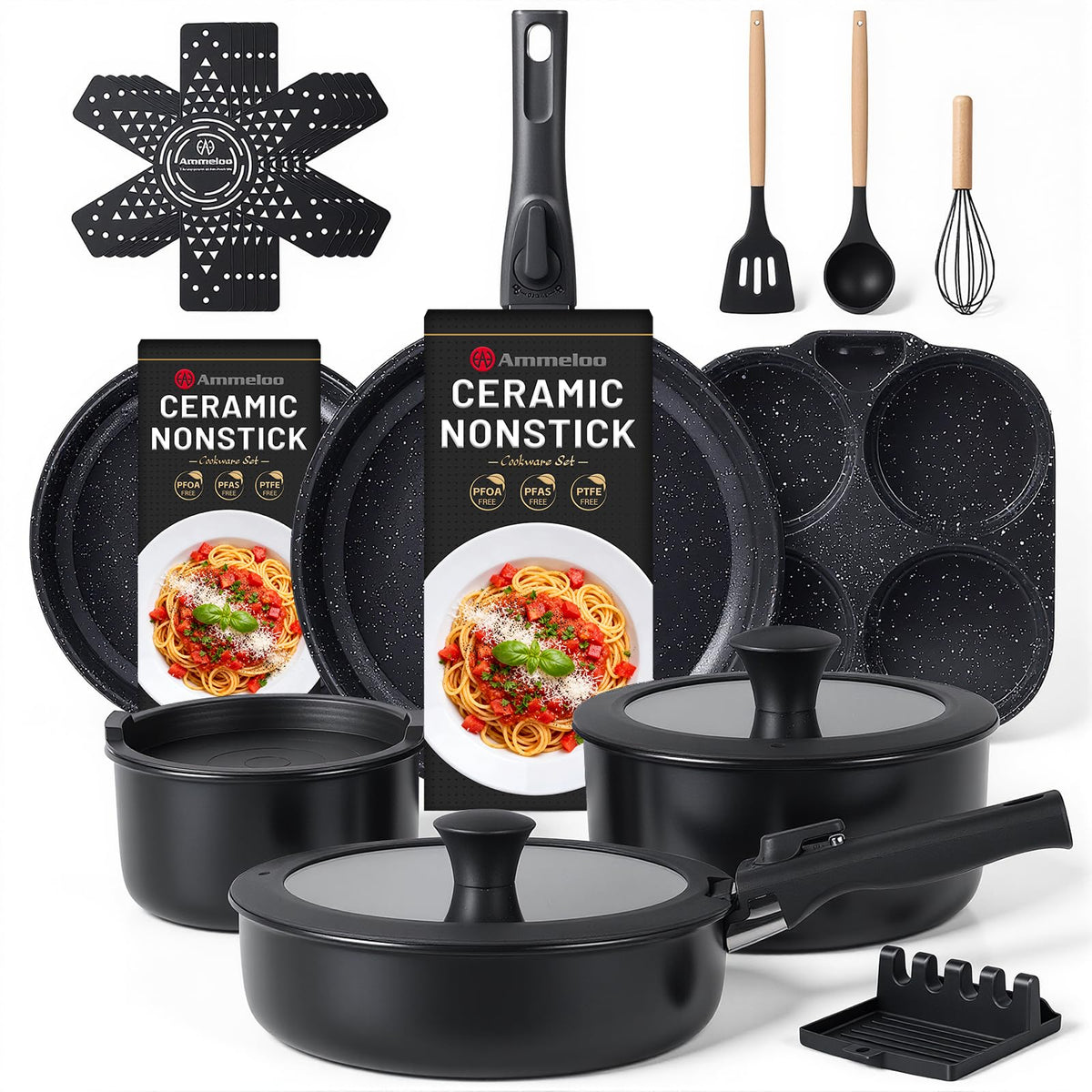 Ammeloo 21-Piece Ceramic Pots and Pans Set Non Stick with Detachable Handles and Egg Frying Pan, Non-Toxic Cookware, Induction Ready, Oven Safe, Stackable for Storage, Black Speckled