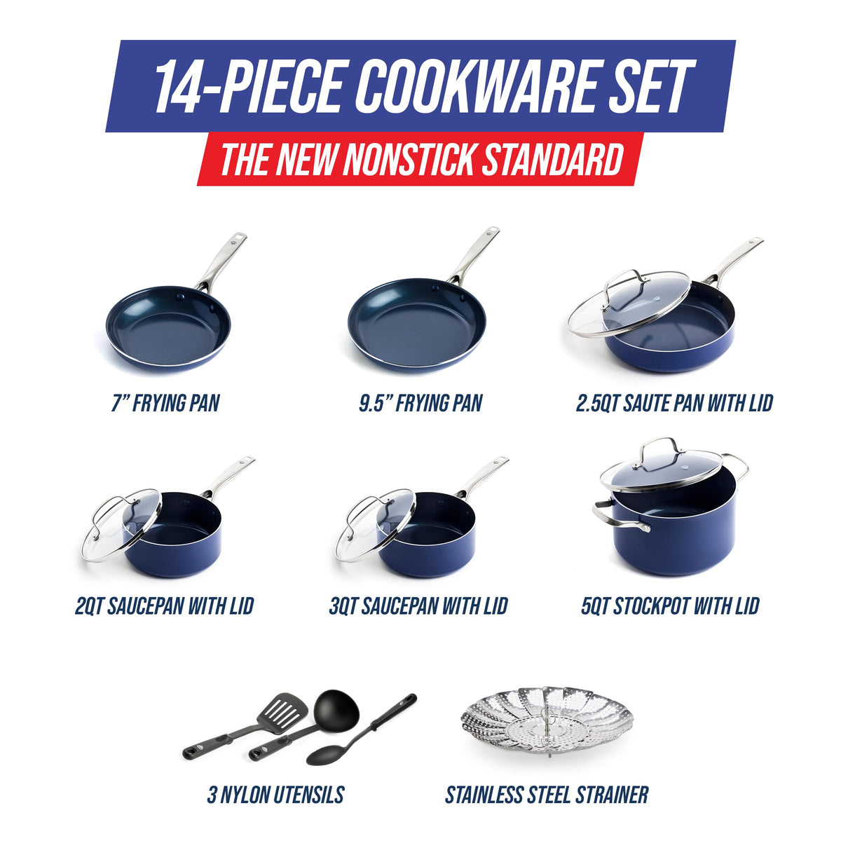 Blue Diamond 14 Piece Cookware Set, Diamond Infused PFAS & PFOA-Free Ceramic Nonstick Pots and Pans, Durable, Non Toxic, Metal Utensil Safe & Scratch Resistant, Dishwasher & Oven Safe, Blue