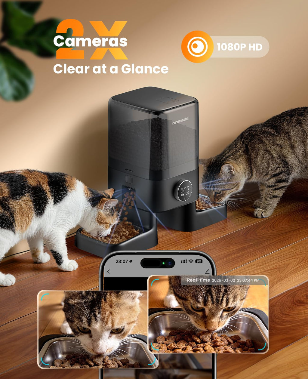 oneisall Automatic Cat Feeder with Camera for 2 Cats Pets, 20 Cups/5L