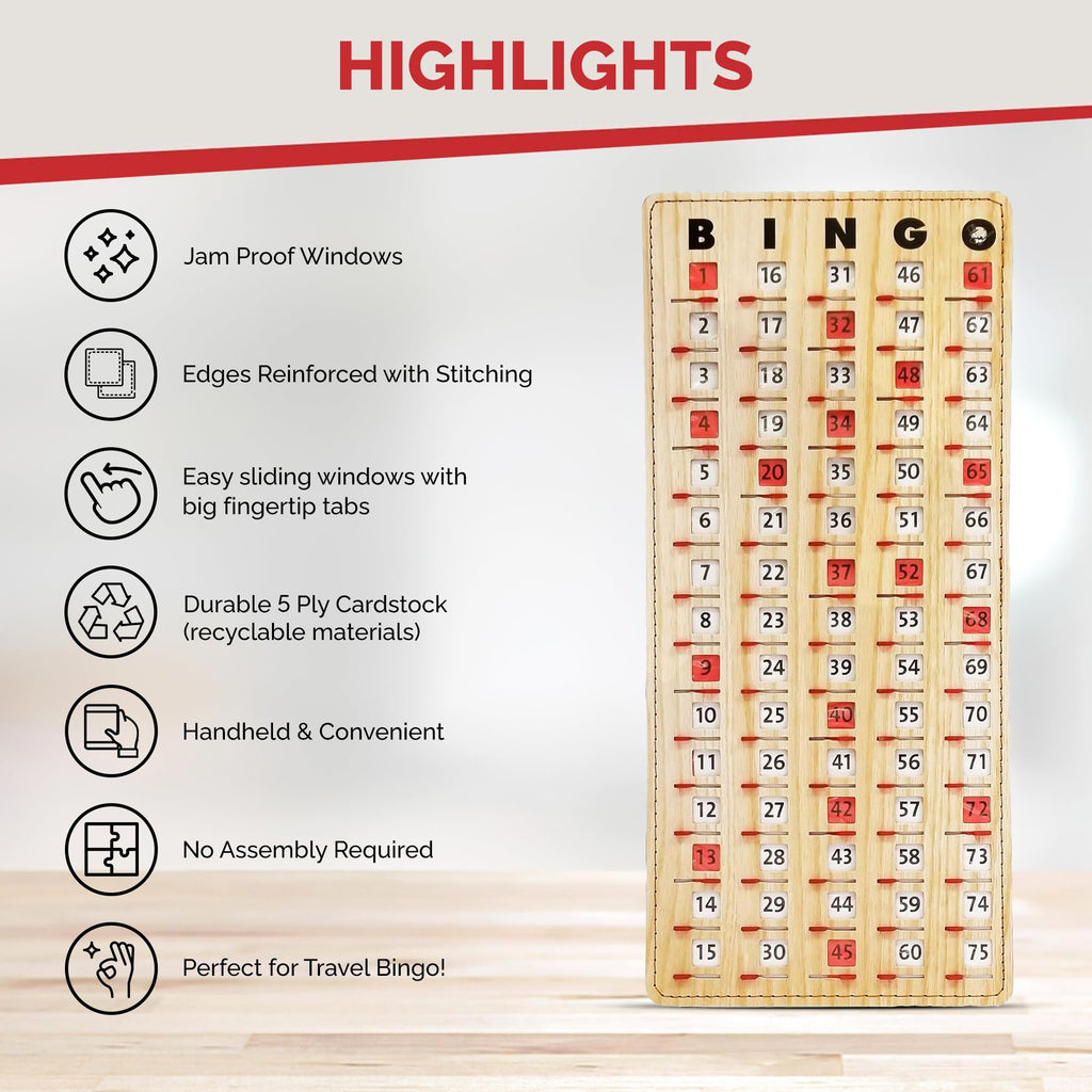 MR CHIPS Large 14.75" L x 6.75" W Jam-Proof Finger Tip Bingo Master Board Card with Large 3/4" Sliding Windows, Thick 5 Ply Cardboard, Tan Woodgrain Style, Perfect for Tracking Bingo Games