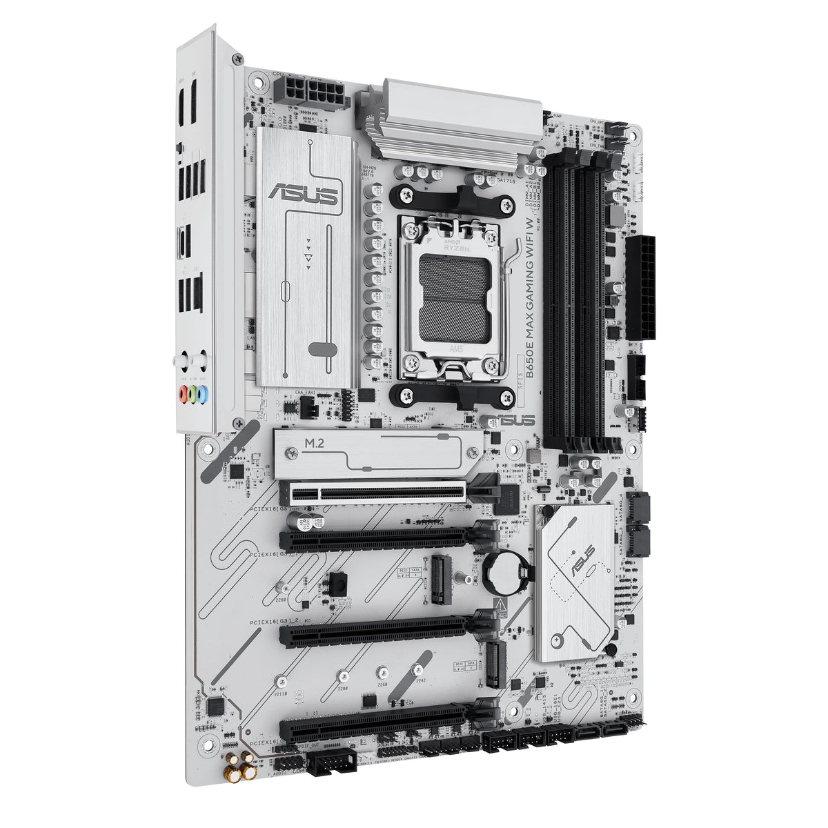 ASUS B650E MAX Gaming WiFi W – AMD B650 AM5 ATX Motherboard, White PCB, DDR5, PCIe 5.0, 3X M.2, Wi-Fi 6E, 2.5Gb LAN, USB 10Gbps Type-C, DisplayPort, HDMI™, BIOS Flashback™, Aura Sync, Advanced AI PC