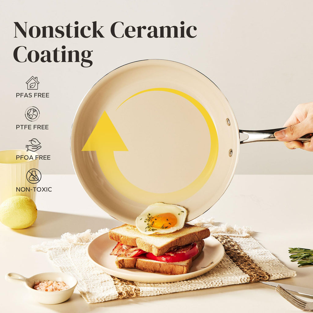 Redchef Ceramic Nonstick Cookware Set,14pcs Pots and Pans Set Non Stick,Induction Cookware with Stainless Steel Handle,Non Toxic Kitchen Cooking Set,Dishwasher & Oven Safe,PFAS PFOA & PTFE Free