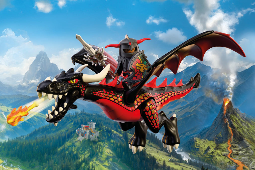 Playmobil | Knights | Black Dragon | Large Fire‑Breathing Dragon with Firing Function and Knight | Dragon Toy for Children Aged 4+ | 72114