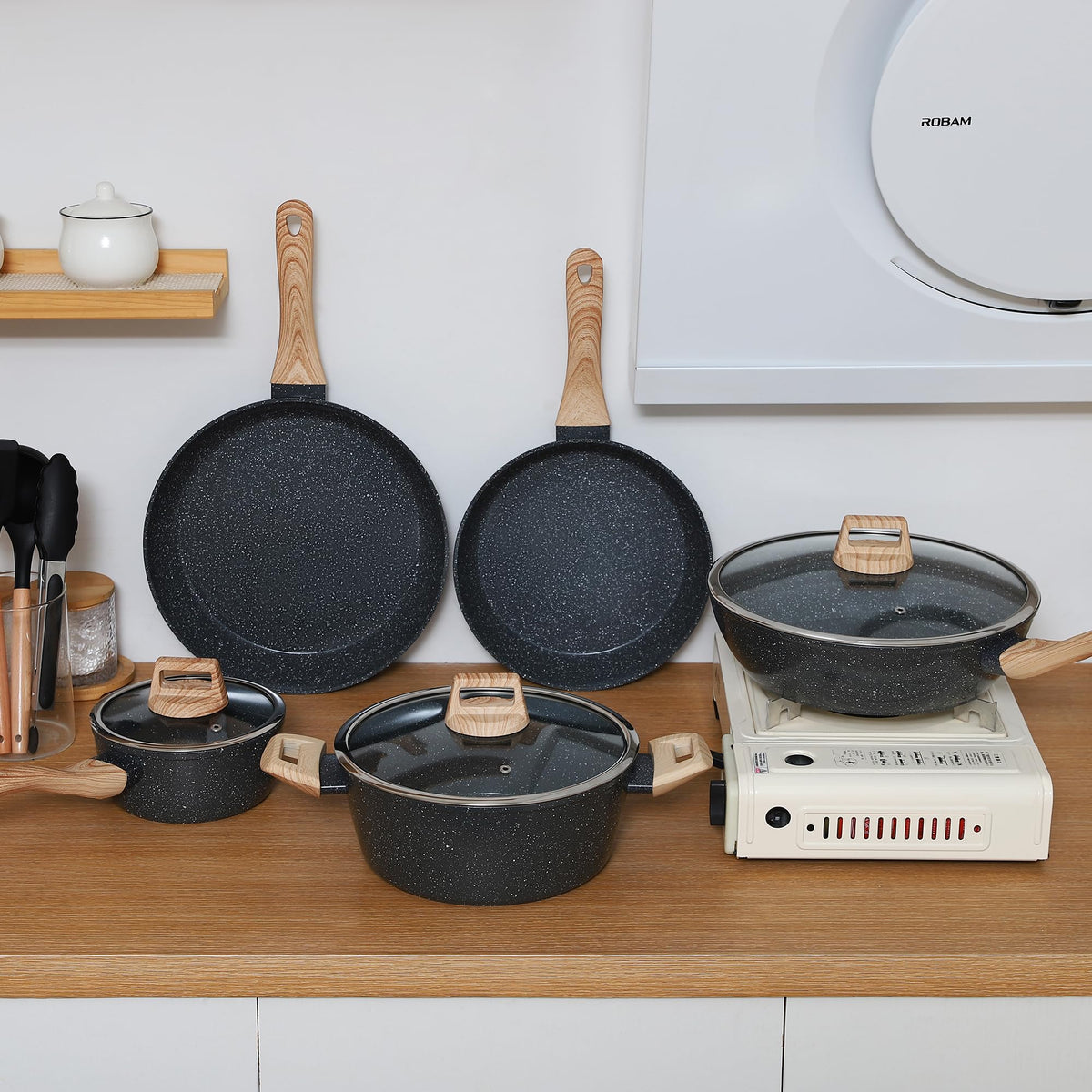 Ceramic Cookware Sets 15PCS Pots and Pans Set Non Stick (black15)