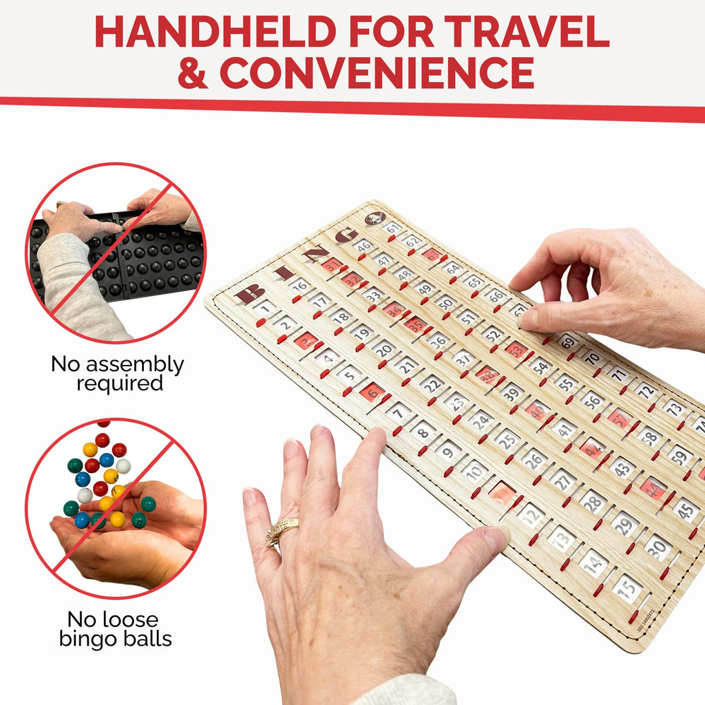 MR CHIPS Large 14.75" L x 6.75" W Jam-Proof Finger Tip Bingo Master Board Card with Large 3/4" Sliding Windows, Thick 5 Ply Cardboard, Tan Woodgrain Style, Perfect for Tracking Bingo Games