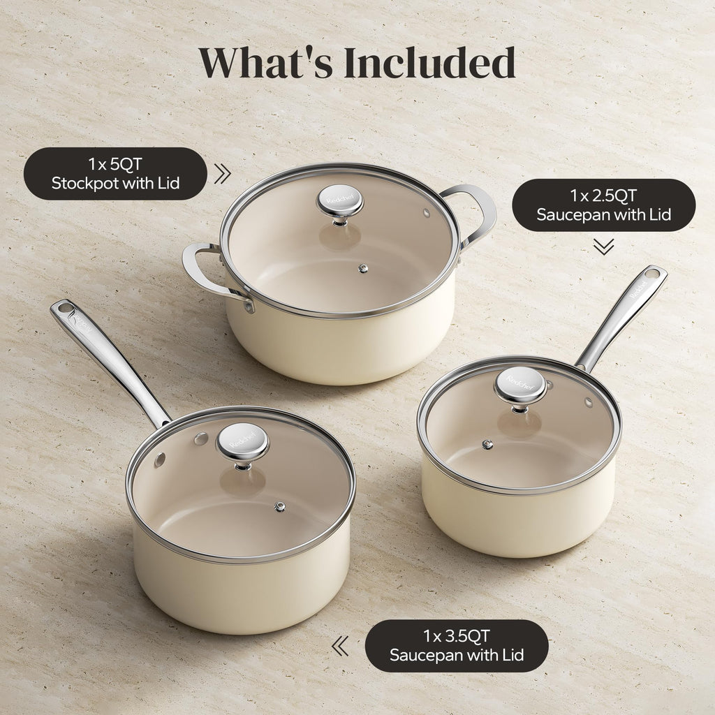 Redchef Stock Pot Set with Lid 5Qt, Ceramic Saucepan Set 2.5/3.5Qt, Induction Cooking Pot Set, Nonstick Cookware Set For Stoves, Even Heat, Stay-Cool Handle, Oven/Dishwasher Safe, PFAS Free (Beige)