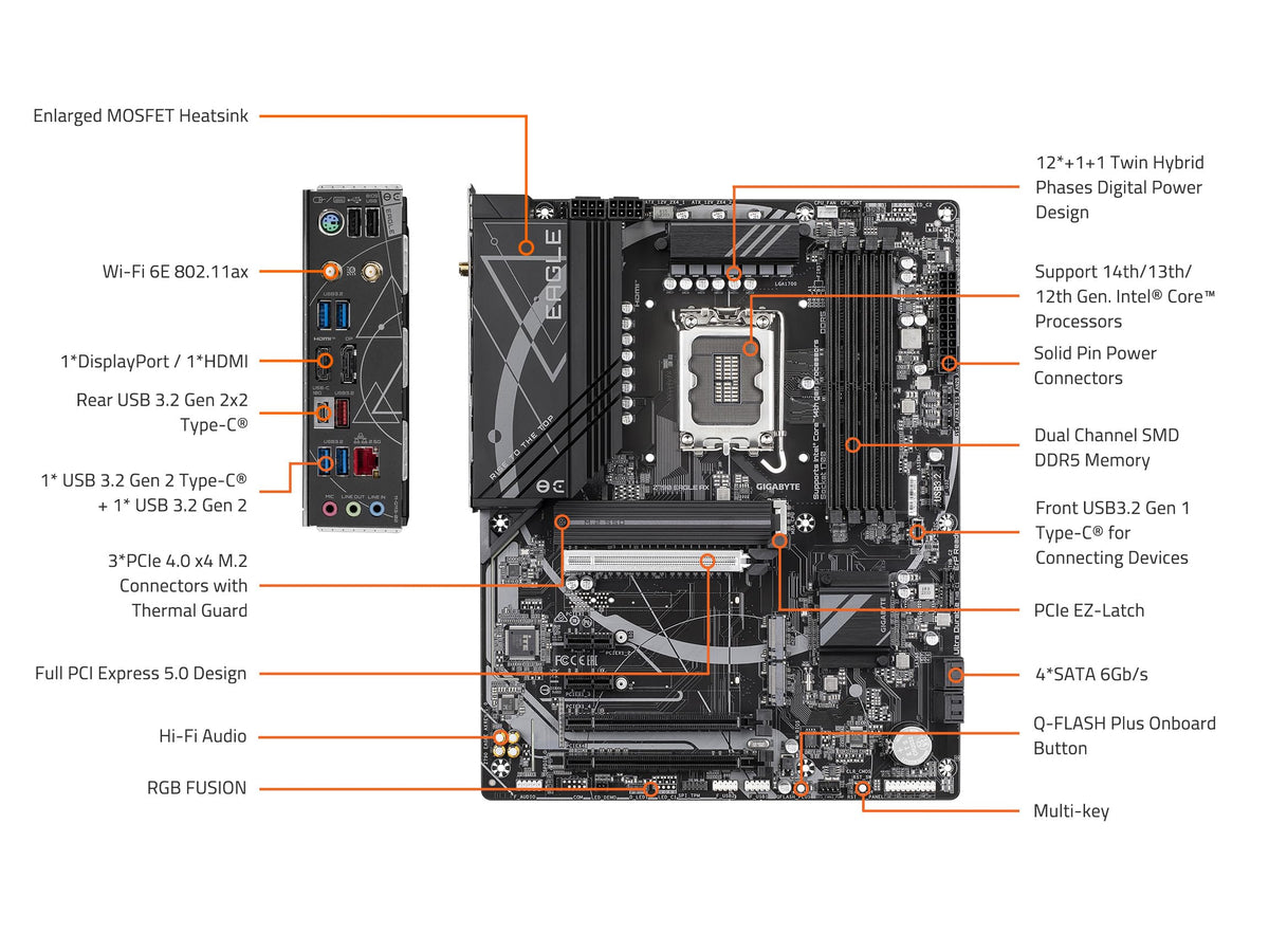 GIGABYTE Z790 Eagle AX LGA 1700 ATX Motherboard, Support Intel Core 14th/13th/12th Gen, DDR5, 12+1+1 Power Phase, 3X M.2, PCIe 5.0, USB-C 3.2, WIFI6E, 2.5GbE, Q-Flash, EZ-Latch, RGB Fusion