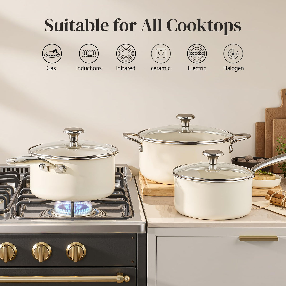 Redchef Stock Pot Set with Lid 5Qt, Ceramic Saucepan Set 2.5/3.5Qt, Induction Cooking Pot Set, Nonstick Cookware Set For Stoves, Even Heat, Stay-Cool Handle, Oven/Dishwasher Safe, PFAS Free (Beige)