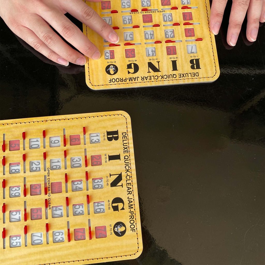 MR CHIPS Jam-Proof Quick-Clear Deluxe Fingertip Slide Bingo Cards with Sliding Windows 25 Pack in Woodgrain Style