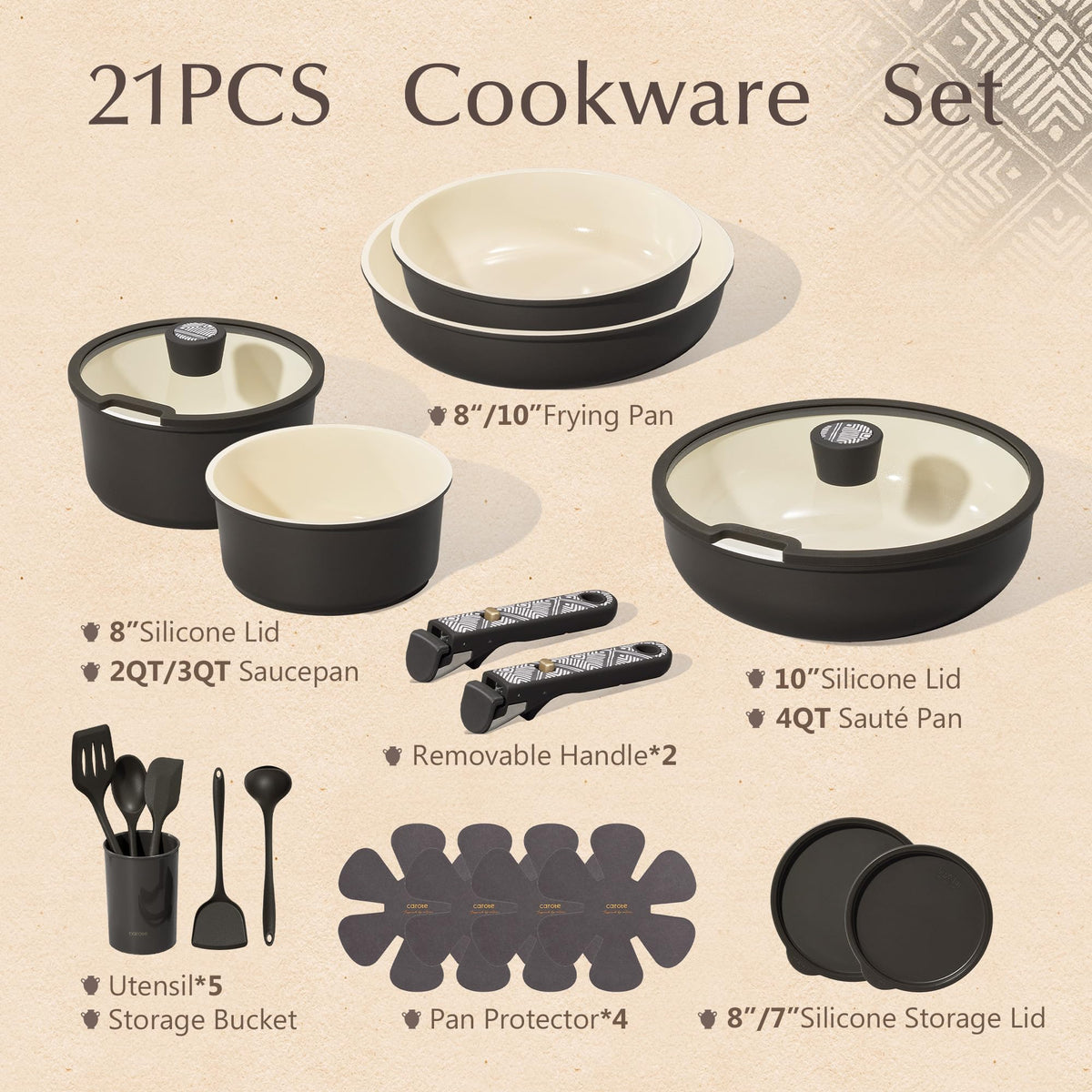 CAROTE 21pcs Ceramic Cookware Set, Pots and Pans Set with Detachable Handle