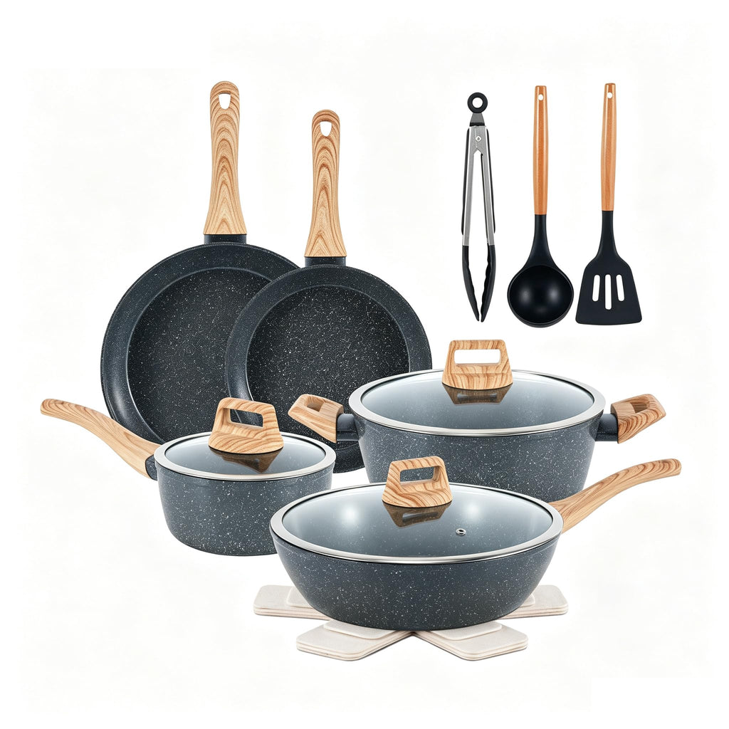 Ceramic Cookware Sets 15PCS Pots and Pans Set Non Stick (black15)