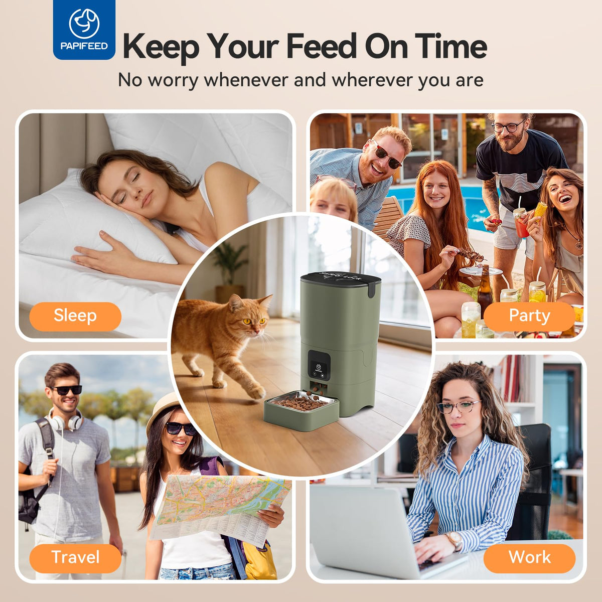 PAPIFEED Automatic Cat Feeder with App, 2.4G WiFi Cat Food Dispenser, 6L Timed Cat Feeders for Dry Food, 10 Meals/Day, 12 Portions/Meal, Dual Power Supply Smart Pet Feeder for Small Dog, Army Green