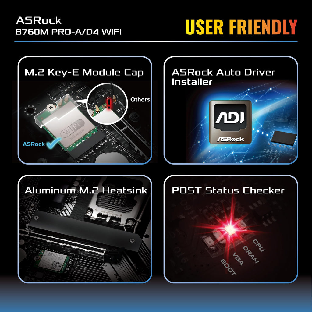 ASRock B760M Pro-A/D4 WiFi Micro ATX Motherboard, Intel LGA1700, DDR4 5333+ (OC), PCIe 4.0, 2.5G LAN, Wi-Fi 6E, 7+1+1 Dr.MOS
