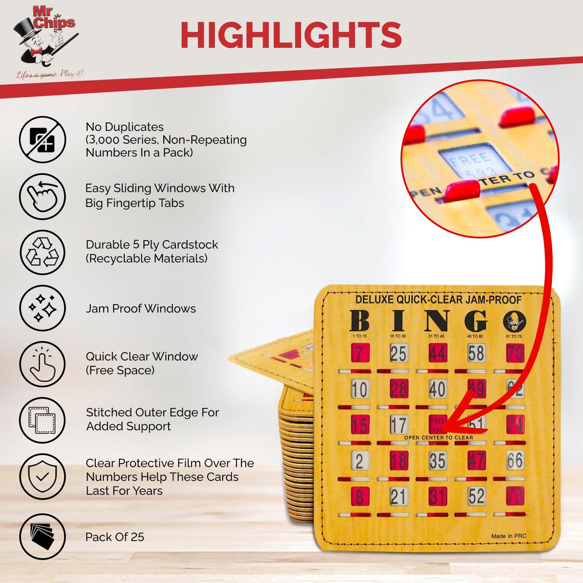 MR CHIPS Jam-Proof Quick-Clear Deluxe Fingertip Slide Bingo Cards with Sliding Windows 25 Pack in Woodgrain Style
