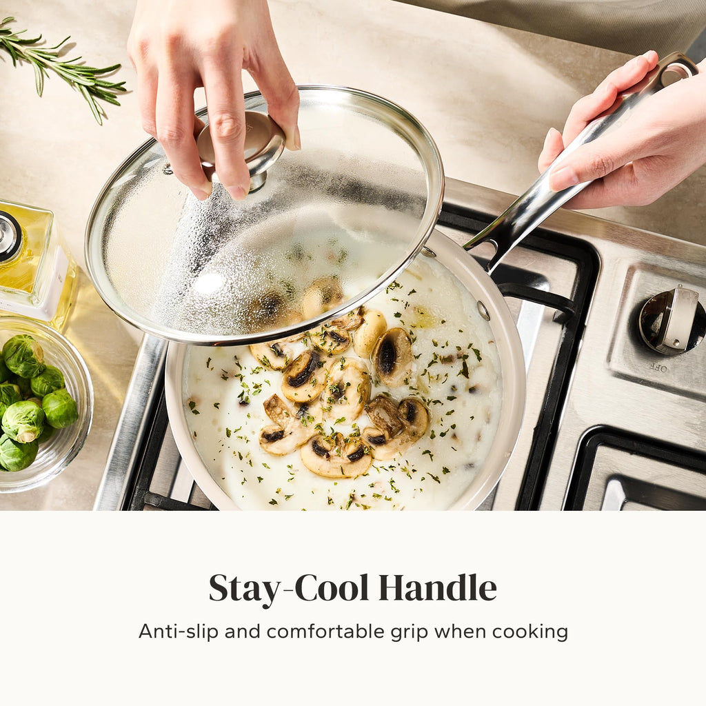Redchef Stock Pot Set with Lid 5Qt, Ceramic Saucepan Set 2.5/3.5Qt, Induction Cooking Pot Set, Nonstick Cookware Set For Stoves, Even Heat, Stay-Cool Handle, Oven/Dishwasher Safe, PFAS Free (Beige)