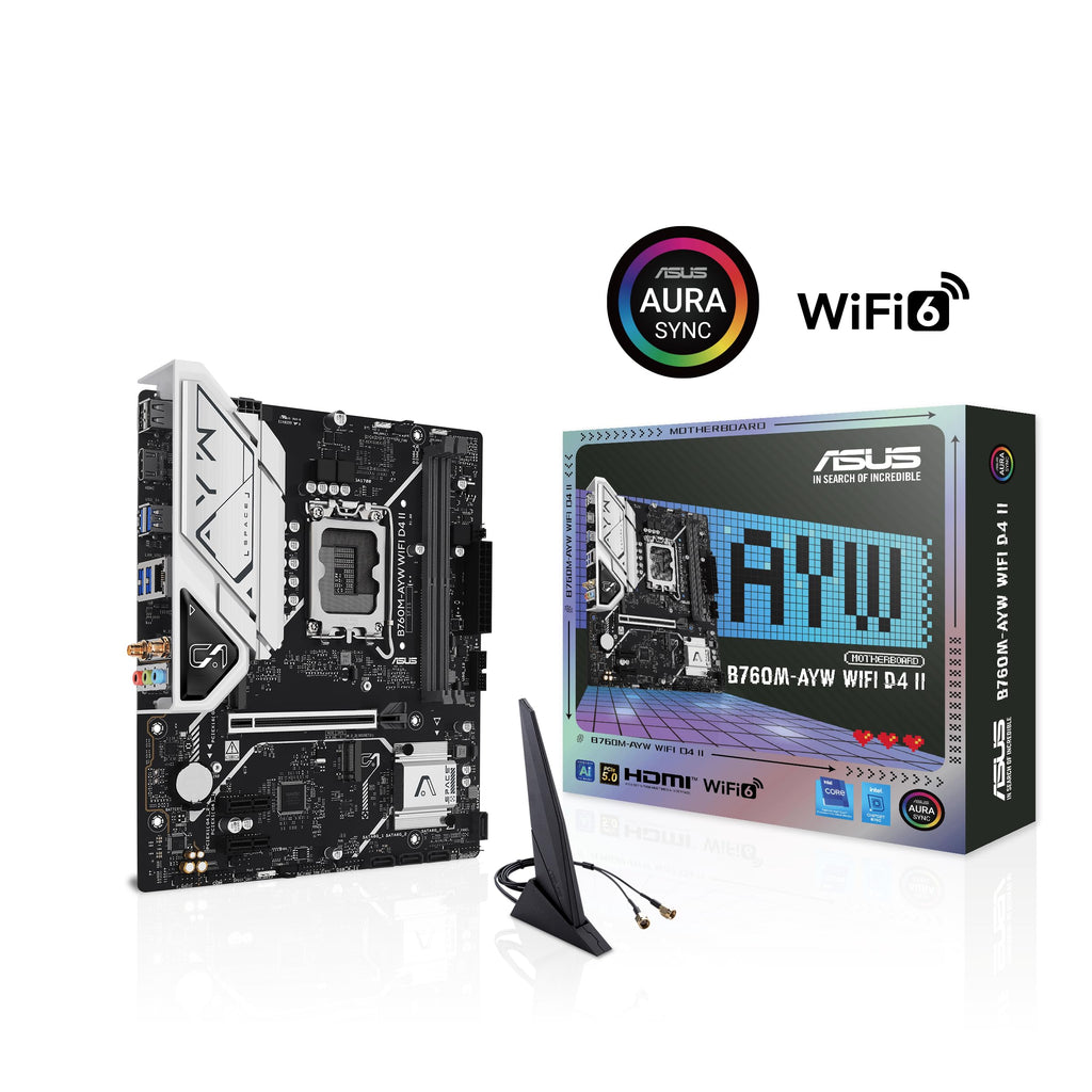 ASUS B760M-AYW WiFi D4 II Intel® B760 (LGA 1700) microATX mATX Motherboard, PCIe 5.0 x16 Support, Two M.2 Slots, DDR4, Realtek 2.5Gb Ethernet, Wi-Fi 6, HDMI, SATA 6 Gbps, Front USB 5Gbps, Aura Sync