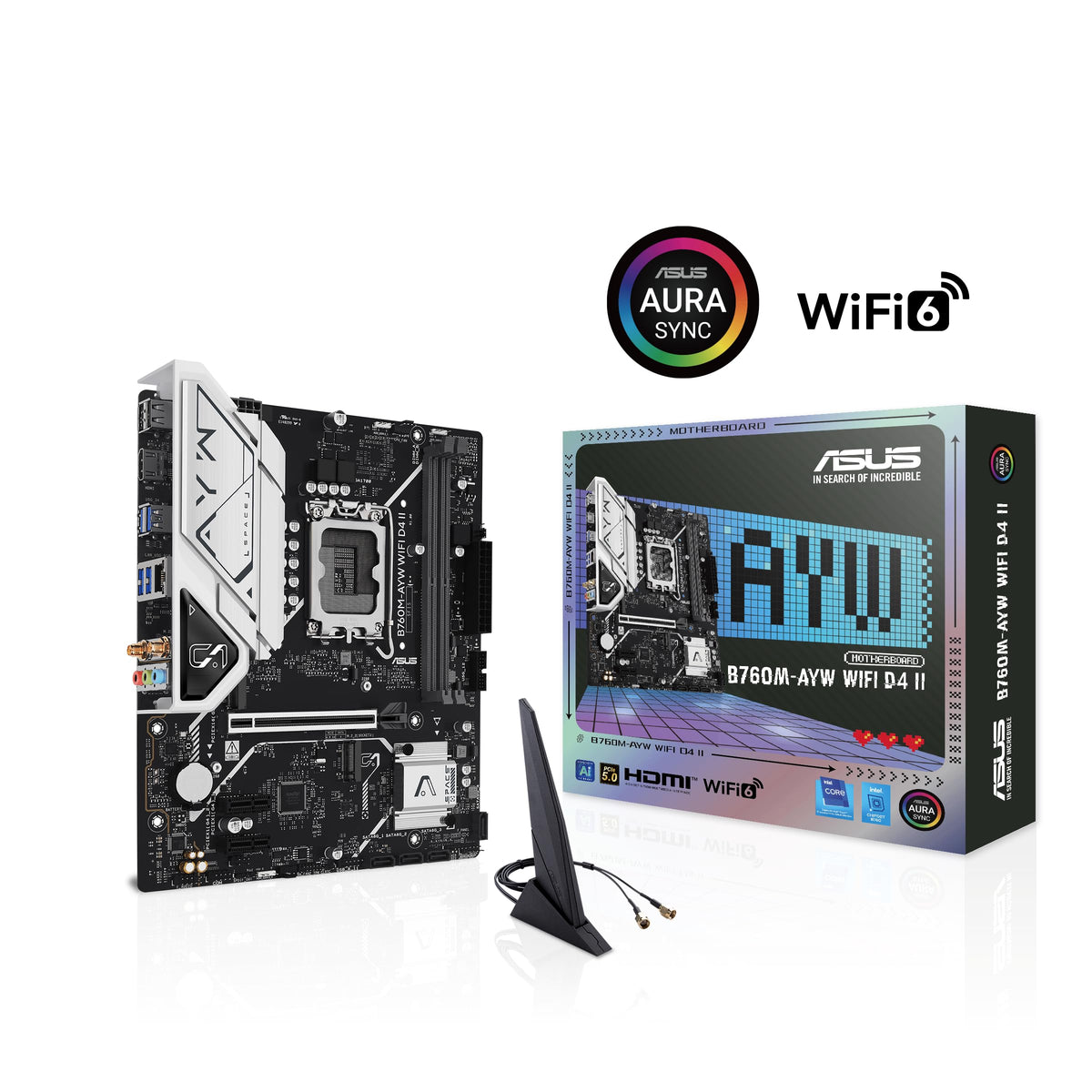 ASUS B760M-AYW WiFi D4 II Intel® B760 (LGA 1700) microATX mATX Motherboard, PCIe 5.0 x16 Support, Two M.2 Slots, DDR4, Realtek 2.5Gb Ethernet, Wi-Fi 6, HDMI, SATA 6 Gbps, Front USB 5Gbps, Aura Sync