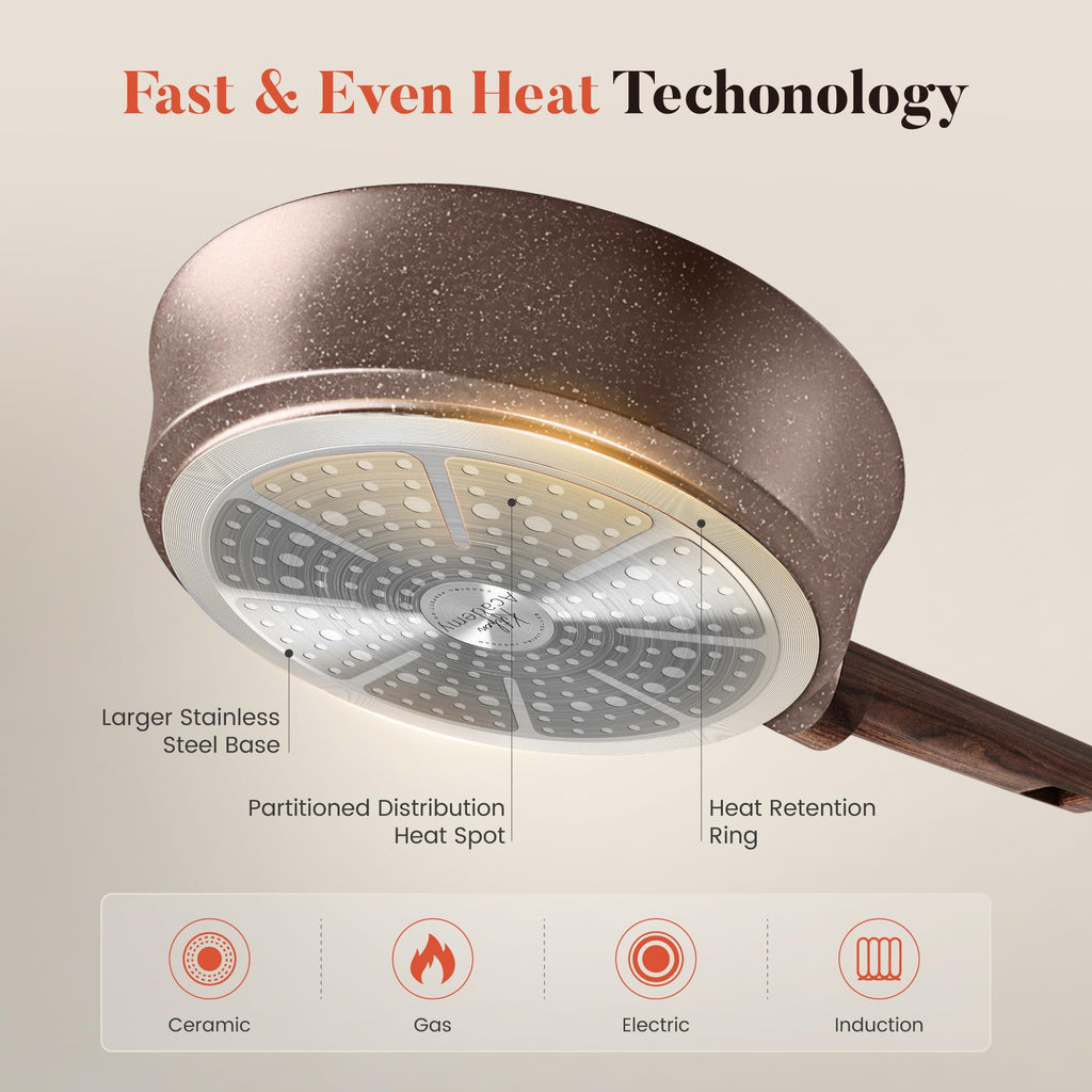 Kitchen Academy 10Pcs Induction Pots & Pans Set Non Stick, Brown