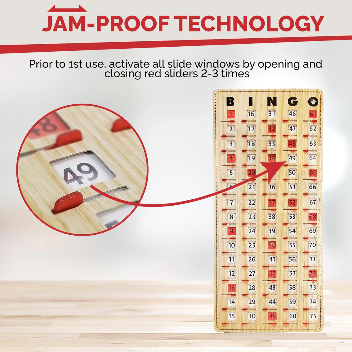 MR CHIPS Large 14.75" L x 6.75" W Jam-Proof Finger Tip Bingo Master Board Card with Large 3/4" Sliding Windows, Thick 5 Ply Cardboard, Tan Woodgrain Style, Perfect for Tracking Bingo Games