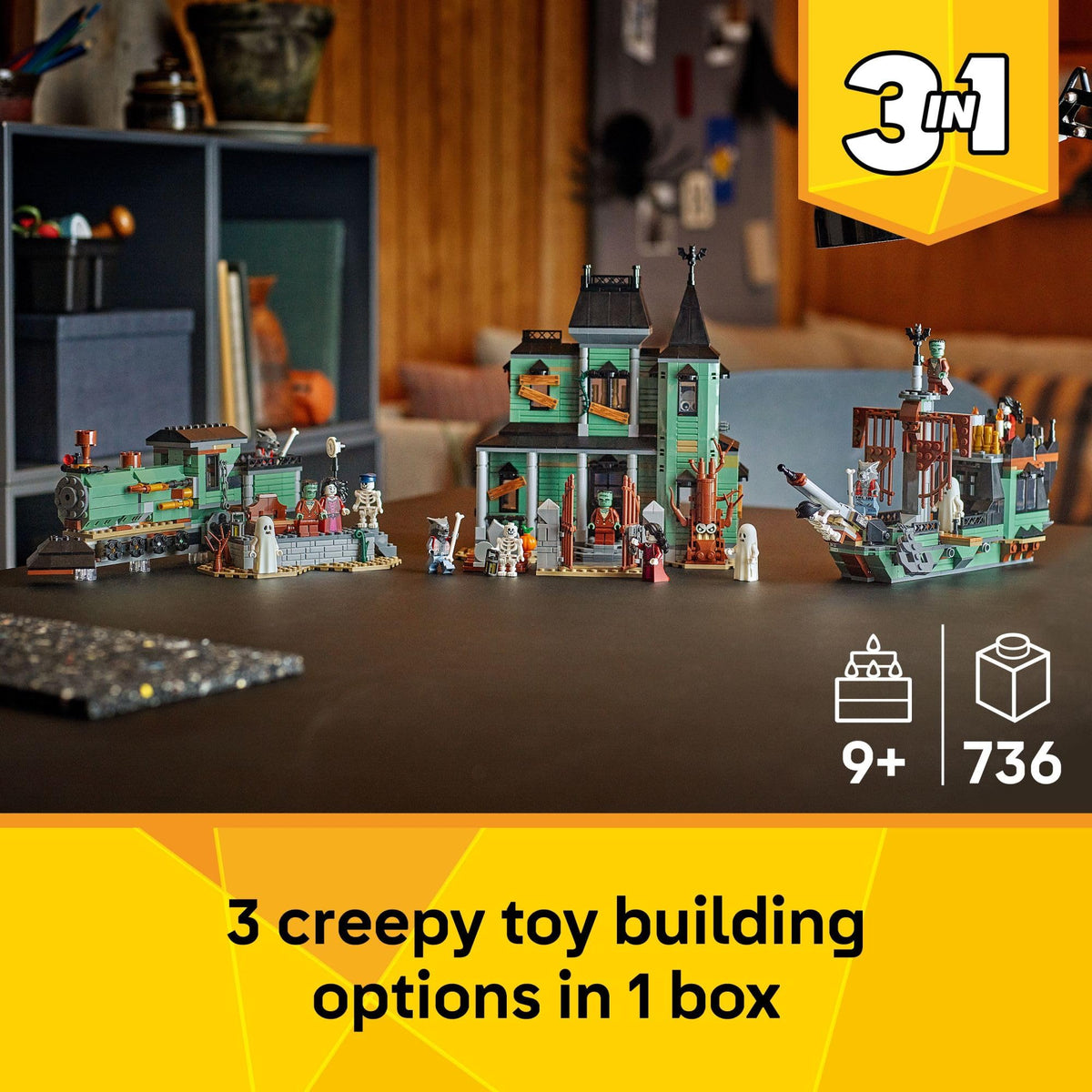 LEGO Creator 3 in 1 Haunted Mansion Building Toy for Kids - Halloween Building Blocks & Learning Toy for Girls & Boys, Ages 9+ - Build a Haunted House, Train, or Ship - Gift for Birthdays - 31167