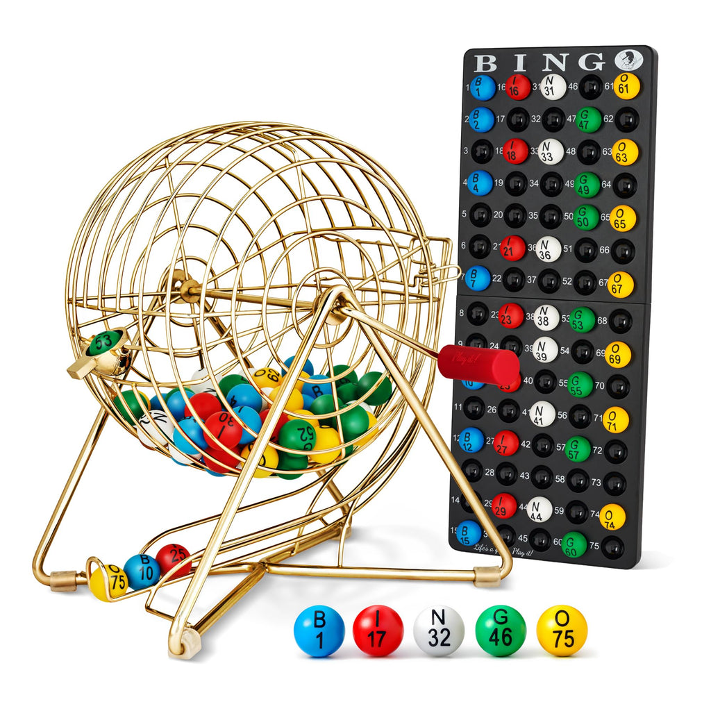 MR CHIPS 11" (Inch) Tall Professional Bingo Set with Steel Cage, Everlasting 7/8” Balls, Master Board for Balls - Luxury Gold Color