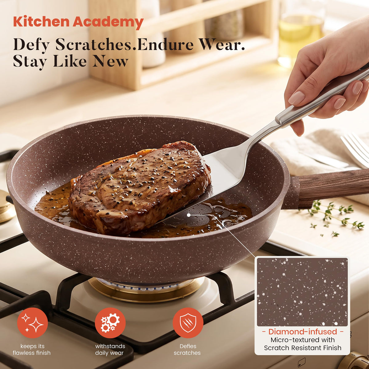 Kitchen Academy 10Pcs Induction Pots & Pans Set Non Stick, Brown
