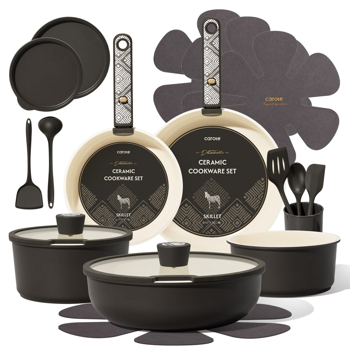 CAROTE 21pcs Ceramic Cookware Set, Pots and Pans Set with Detachable Handle